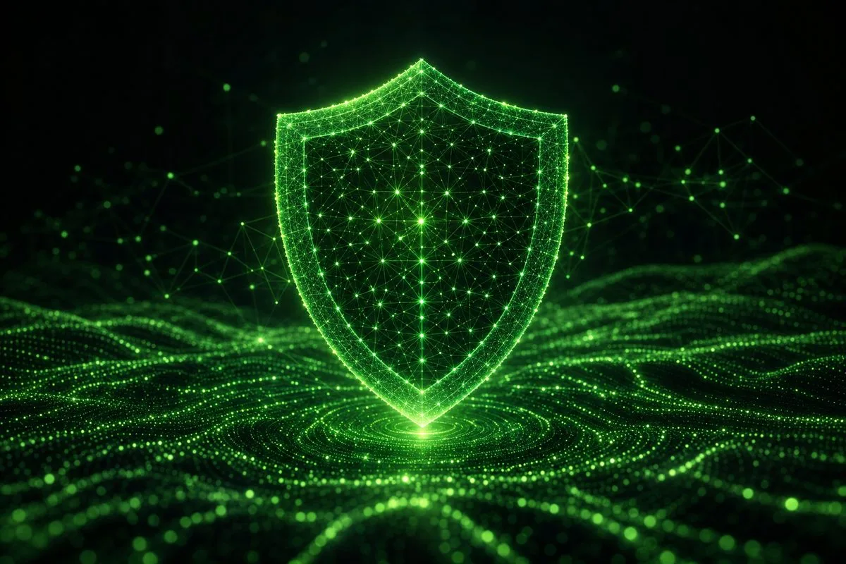 Glowing green digital shield representing intelligence and cyber protection