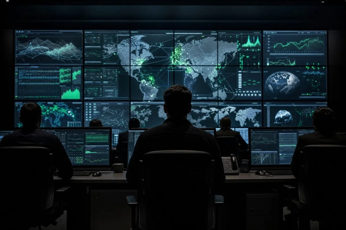 Security fusion center with analysts monitoring a wall of data screens